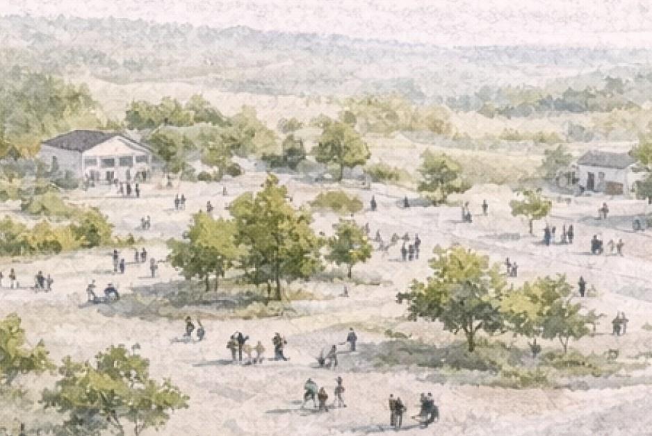 malerisk illustrasjon av grøntområde med mennesker